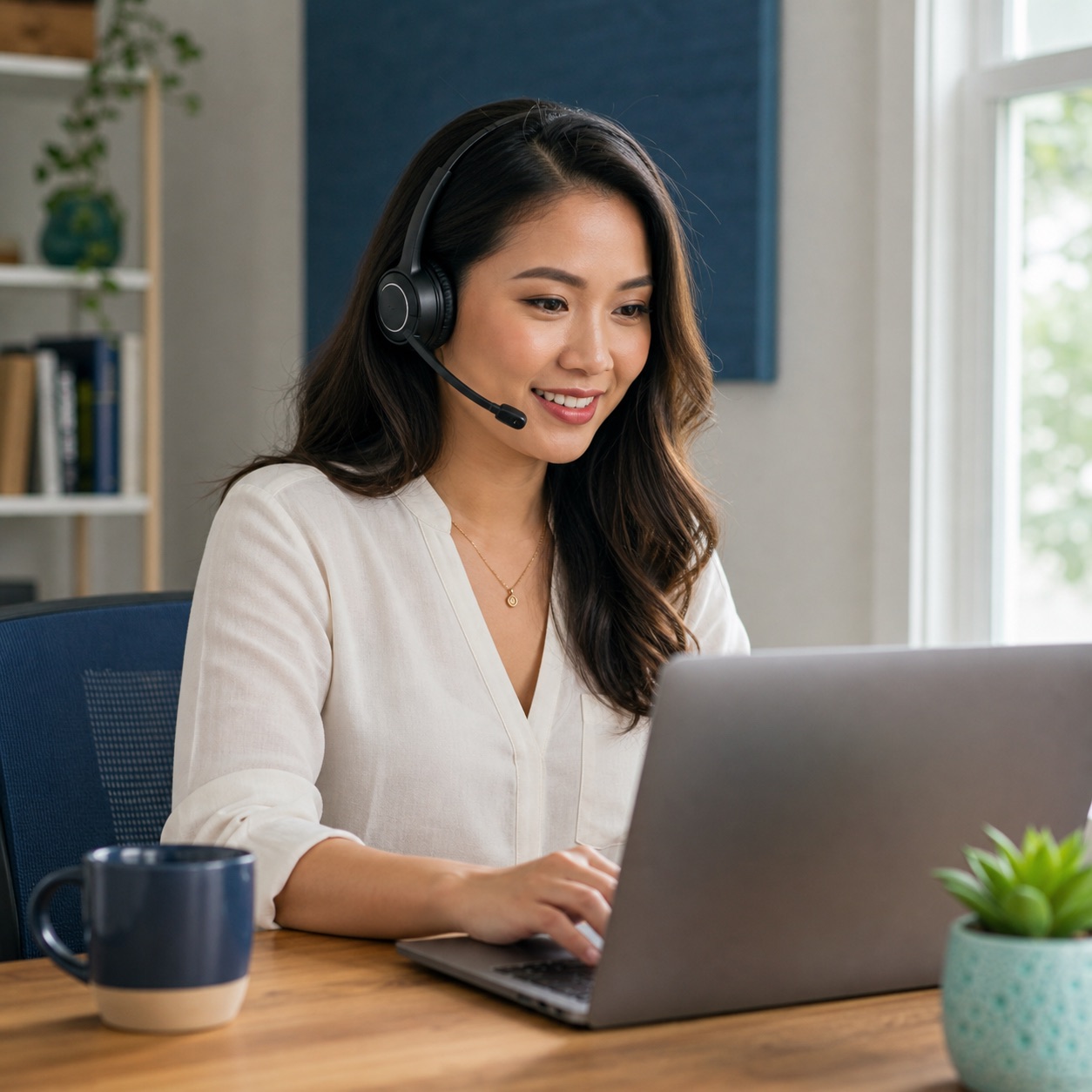 Helios virtual assistant supporting a client from a professional home office